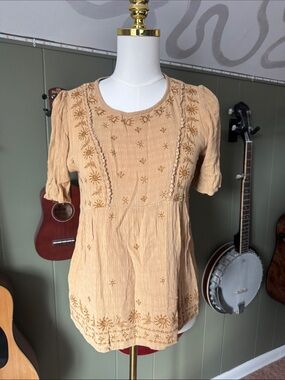 Golden Yellow Short Sleeve Flowy Embroidered Top